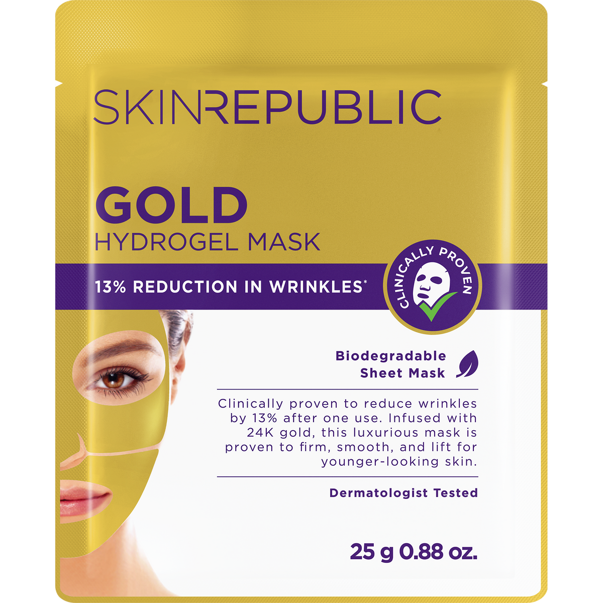 Gold-weiße Packung der SKINREPUBLIC 24K Gold Hydrogel Gesichtsmaske mit dem Gesicht einer Frau mit goldener Maske