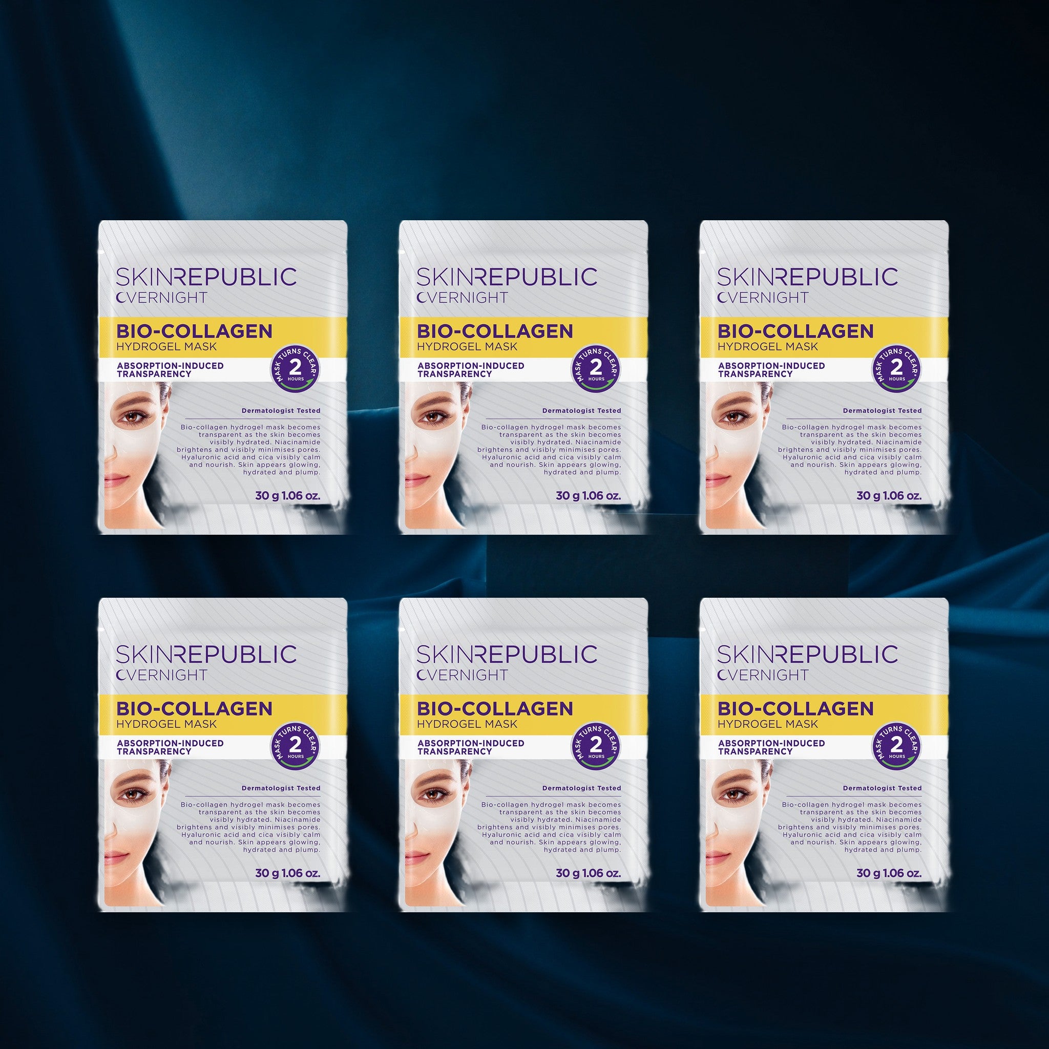 Sechs Skin Republic Kollagen Overnight Hydrogel Masken auf mitternachtsblauer Seide
