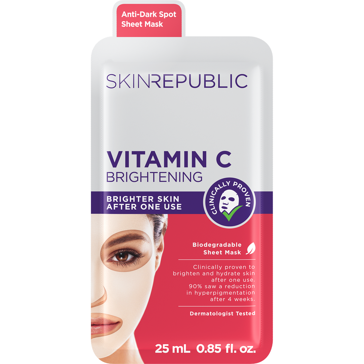 Weiß-pinke Verpackung der Skin Republic Vitamin C Tuchmaske mit der Abbildung einer Frau, die die Maske trägt