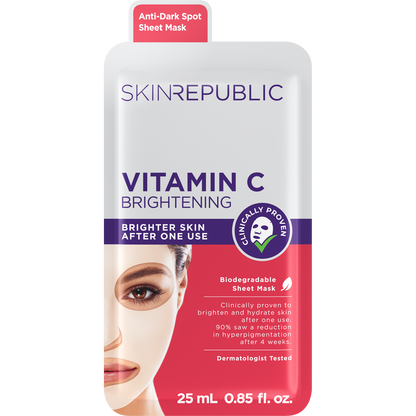 Weiß-pinke Verpackung der Skin Republic Vitamin C Tuchmaske mit der Abbildung einer Frau, die die Maske trägt