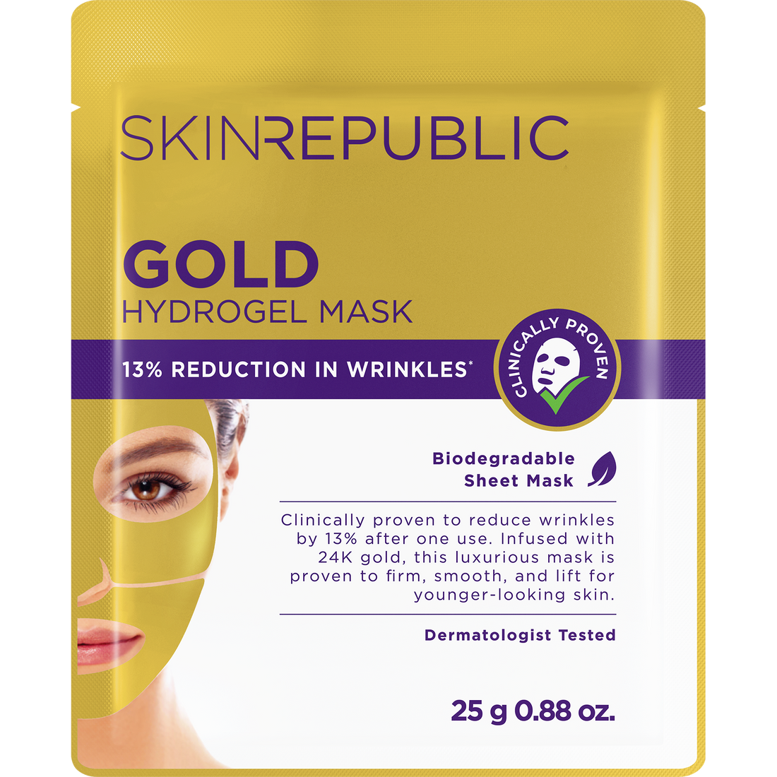 Gold-weiße Packung der SKINREPUBLIC 24K Gold Hydrogel Gesichtsmaske mit dem Gesicht einer Frau mit goldener Maske