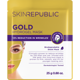 Gold-weiße Packung der SKINREPUBLIC 24K Gold Hydrogel Gesichtsmaske mit dem Gesicht einer Frau mit goldener Maske