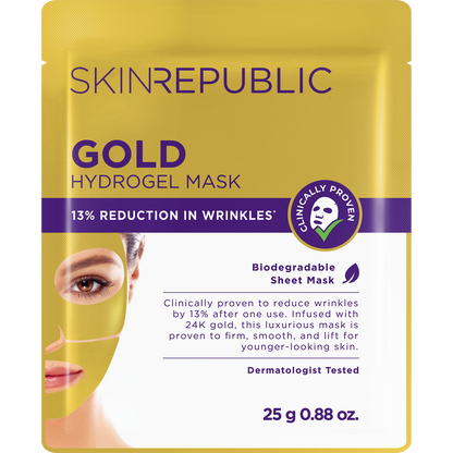 Gold-weiße Packung der SKINREPUBLIC 24K Gold Hydrogel Gesichtsmaske mit dem Gesicht einer Frau mit goldener Maske