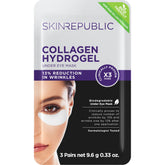 Verpackung der Skin Republic Kollagen Augenpads gegen Augenringe – Hydrogel (3 Paar) mit Frau, die ein Augenpad trägt