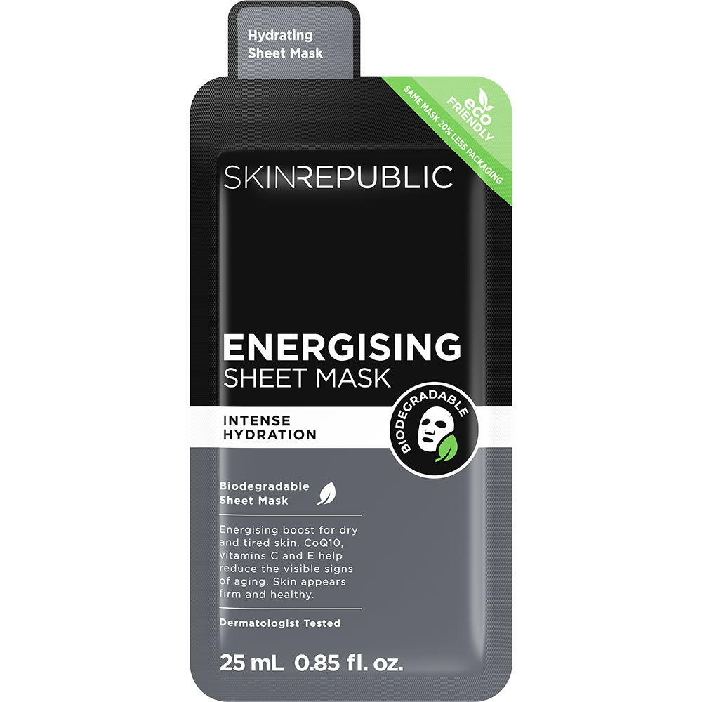 Skin Republic Energising Tuchmaske für Männer mit Q10 und Hyaluronsäure in schwarz-grauer Verpackung