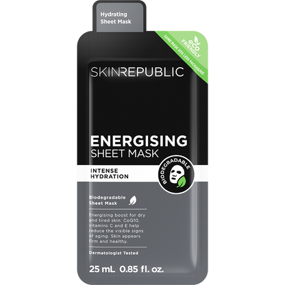 Skin Republic Energising Tuchmaske für Männer mit Q10 und Hyaluronsäure in schwarz-grauer Verpackung