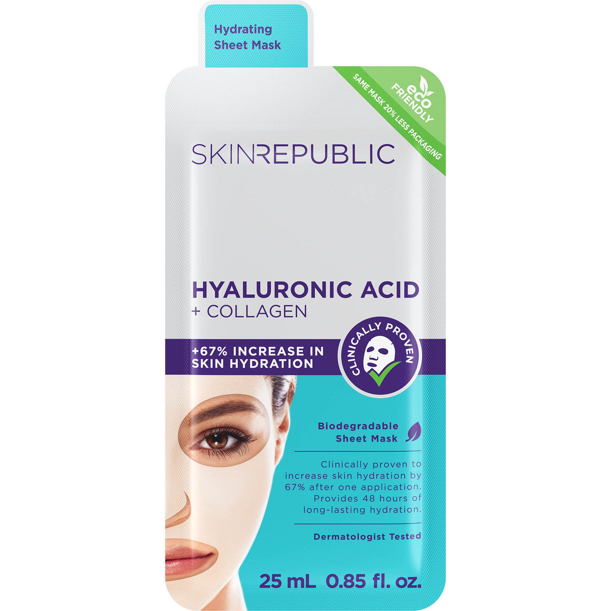 SKINREPUBLIC Hyaluronsäure + Kollagen Tuchmaske für trockene Haut in weiß-blauer Verpackung mit einem Frauengesicht