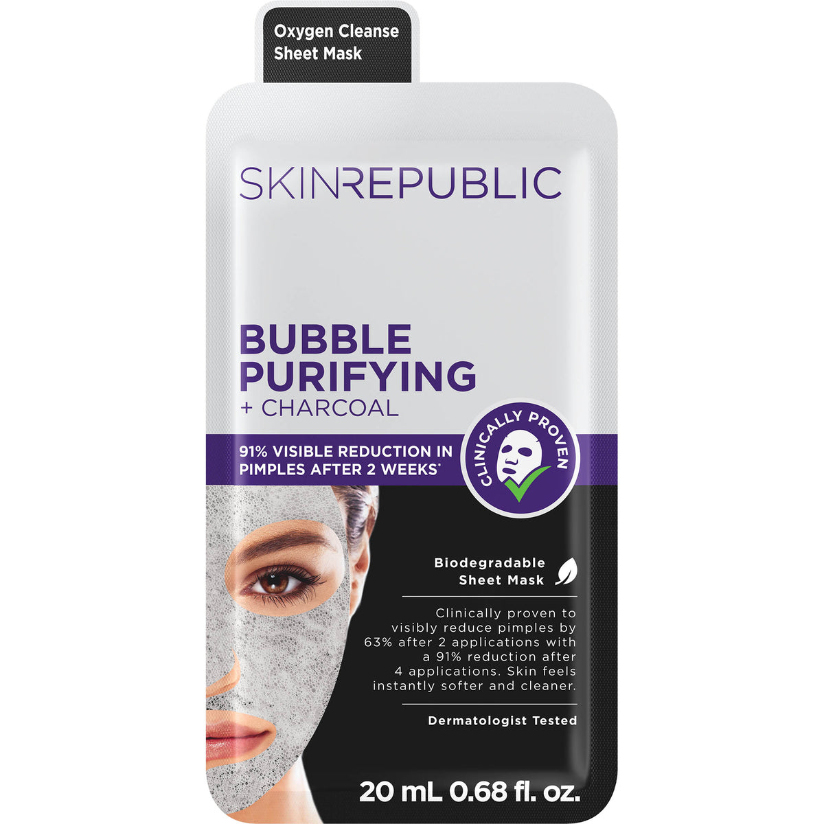 Skin Republic Bubble Purifying + Charcoal Tuchmaske in der weiss-schwarzen Verpackung mit schäumender Maske