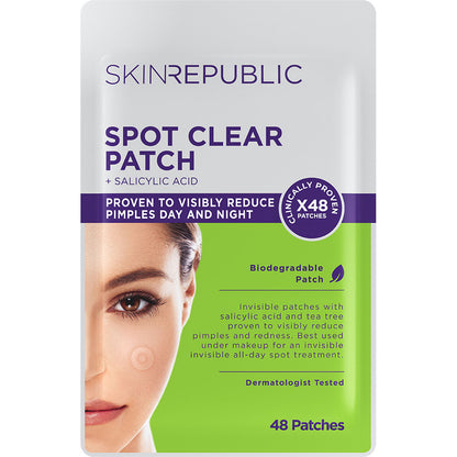 SKIN REPUBLIC Pimple Patches with Salicylic Acid &amp; Tea Tree Oil, 48-pack featuring a woman&