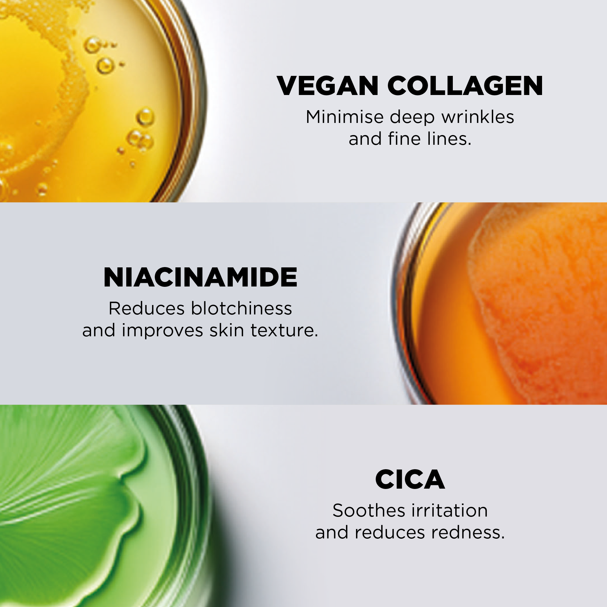 Wirkstoffe: veganes Kollagen, Niacinamid und Cica