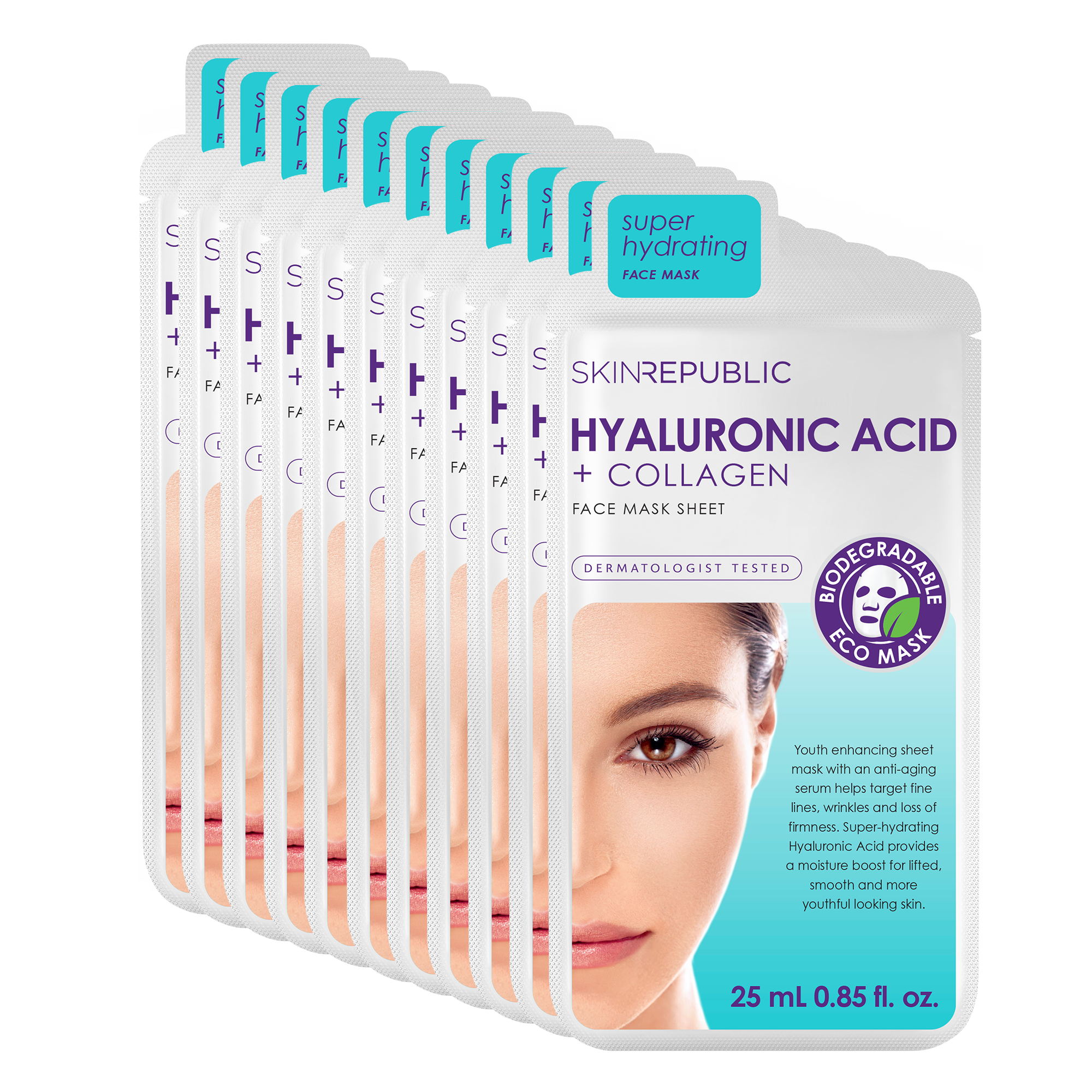 Pack of 10 - Hyaluronic Acid + Collagen facial sheet mask with hyaluronic acid