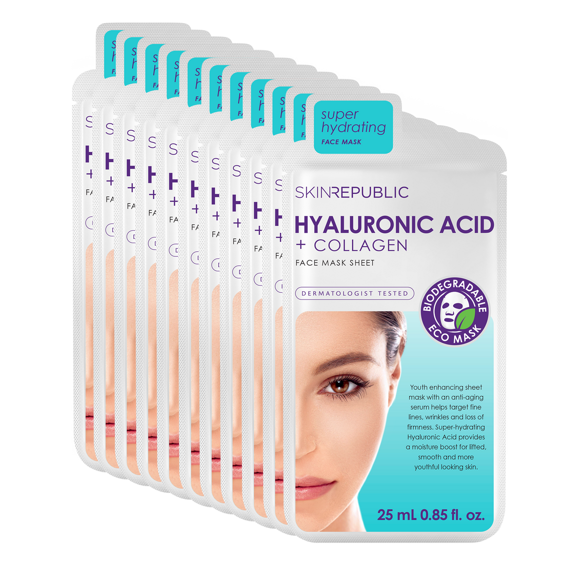 Pack of 10 - Hyaluronic Acid + Collagen facial sheet mask with hyaluronic acid