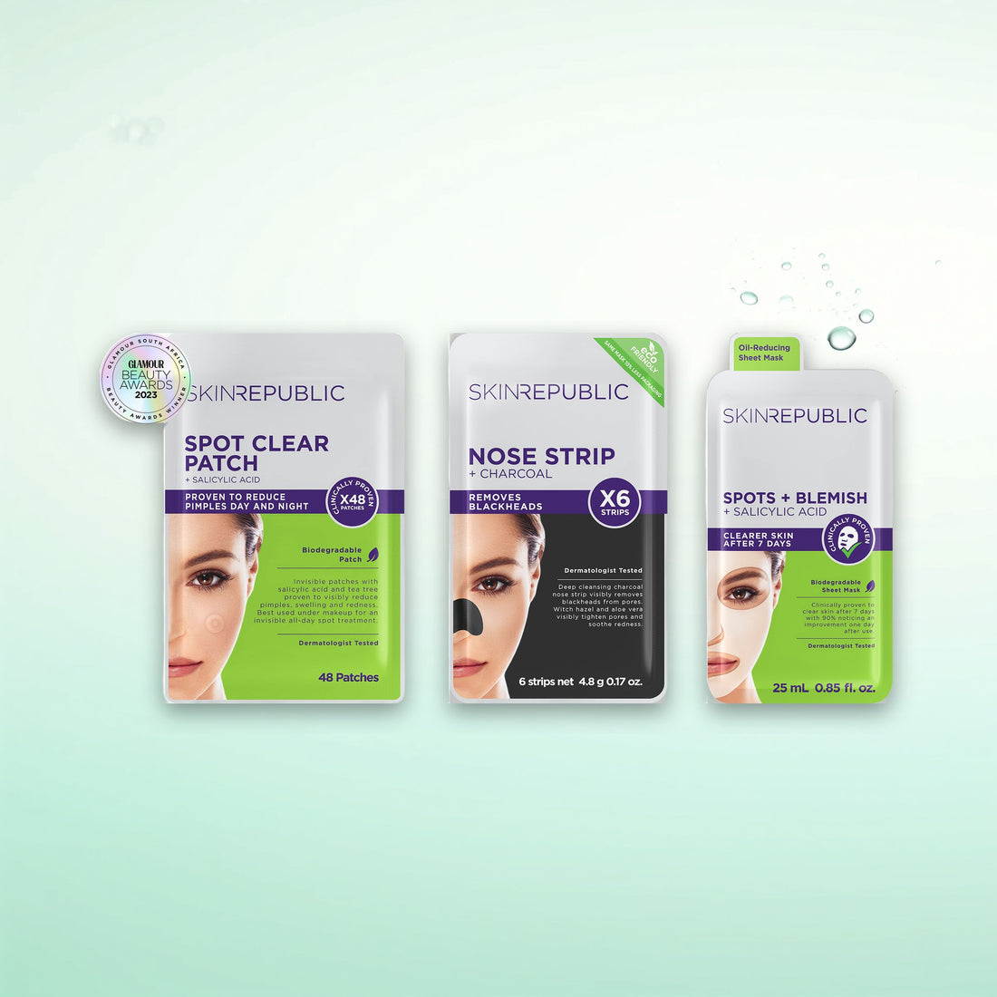 Clear Skin Set by SKIN REPUBLIC with Pimple Patches, Nose Strips, and Anti-Pimple Sheet Mask
