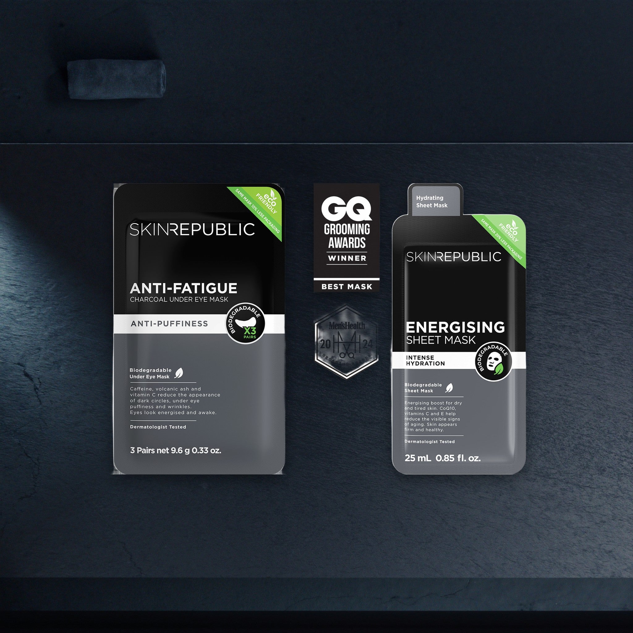 Coffret pour hommes de SKIN REPUBLIC comprenant des patchs pour les yeux au charbon actif et un masque en tissu énergisant sur fond d&